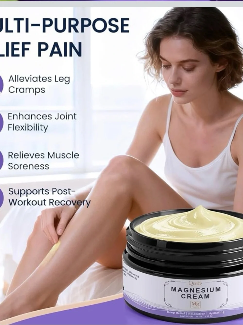 Quelis Magnesium Cream — Lavender Relief (Purple & White Packaging)